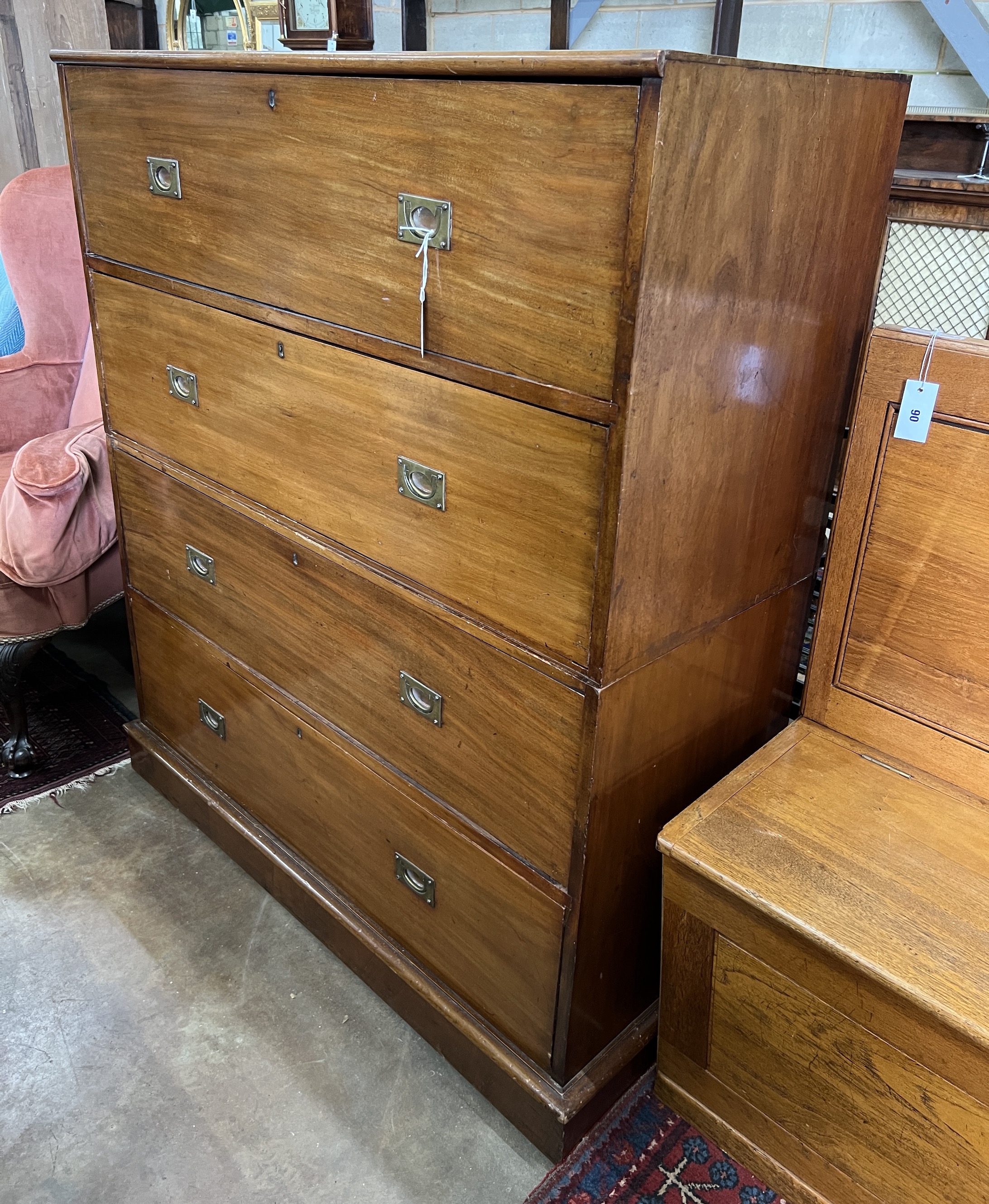 A late Victorian mahogany military style four drawer two part chest, width 115cm, depth 49cm, height 135cm